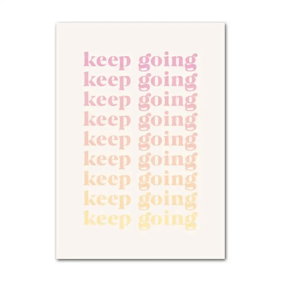 Decorbites™ pastel smiley flower wall art with minimalist keep going text fading from pink to yellow in a rectangular print