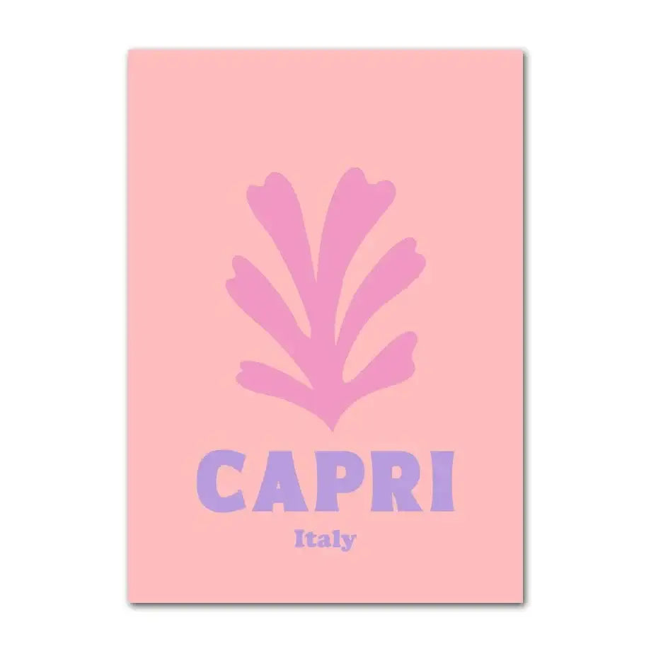 Decorbites pastel smiley flower wall art painting with pink background and purple seaweed silhouette featuring capri italy text