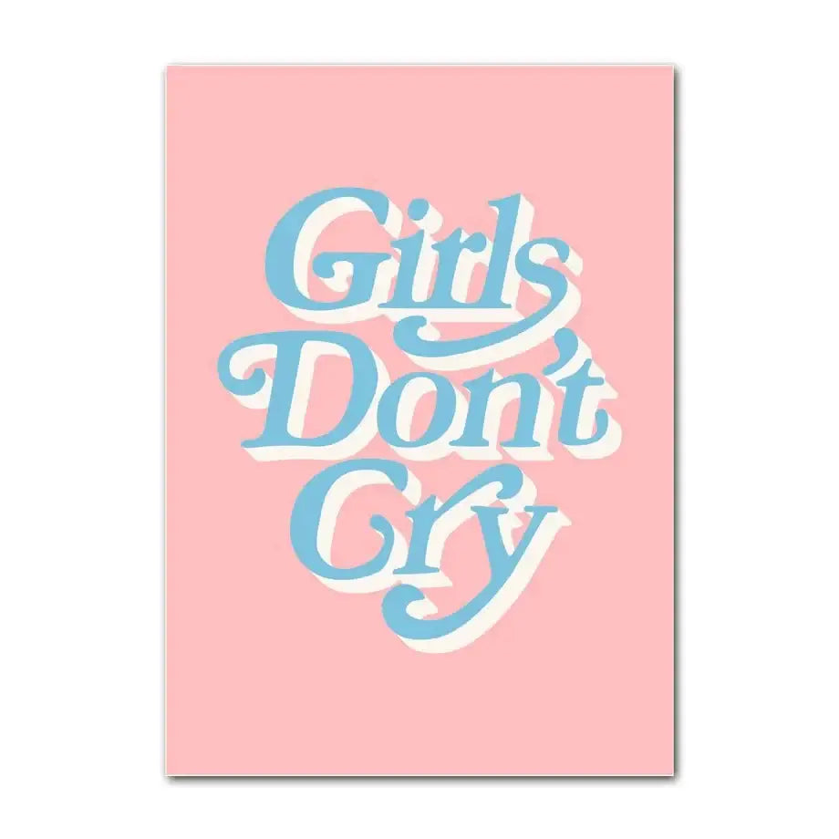 Pink rectangular canvas wall art with girls don’t cry phrase in light blue cursive from decorbites pastel smiley flower wall series