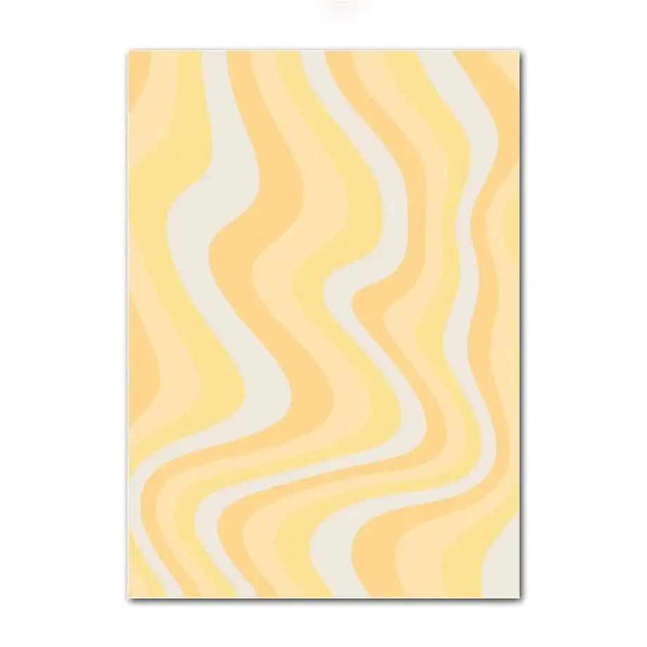 A rectangular canvas wall art featuring flowing pastel smiley flower wavy stripes in soft yellow and off-white hues