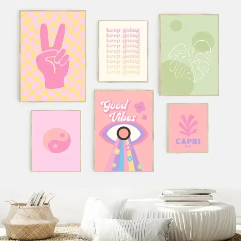 A set of six vibrant pastel smiley flower wall art posters featuring retro bohemian designs by decorbites