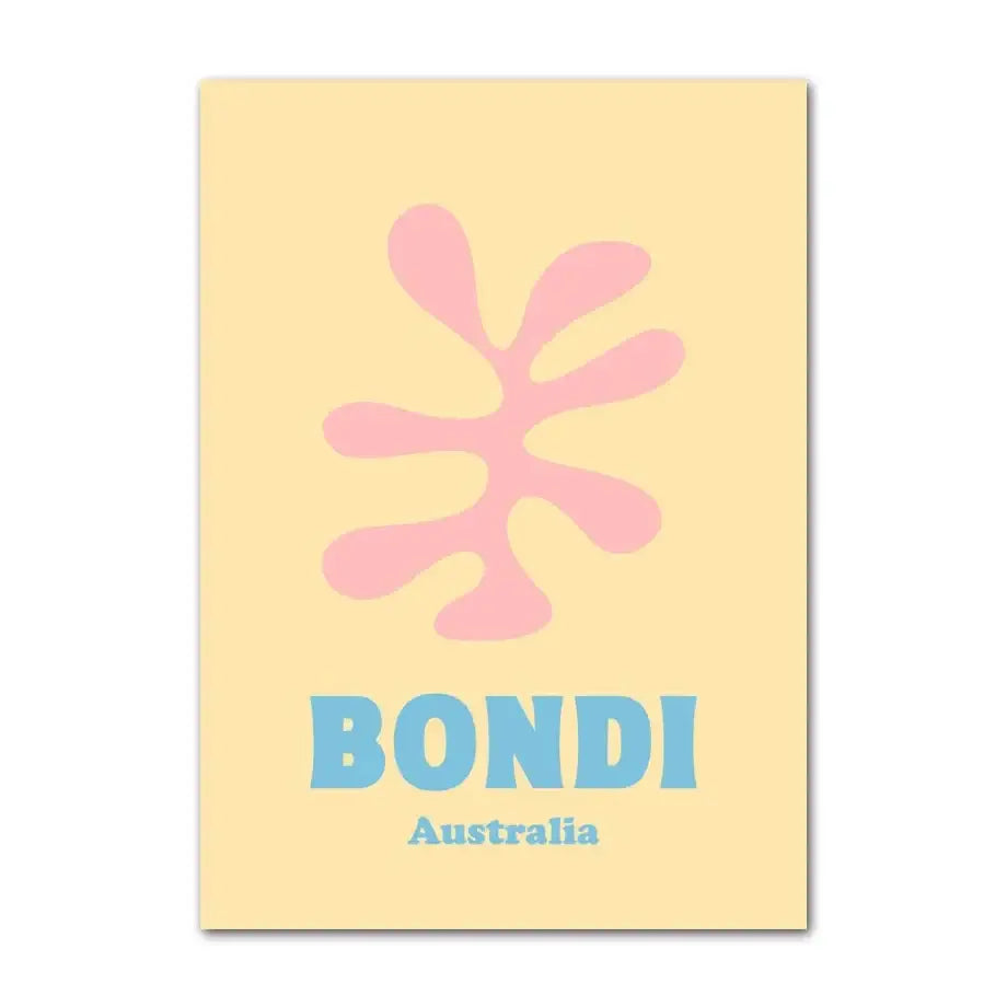 Pastel yellow rectangular wall art poster featuring an abstract danish pink flower and blue bondi australia text