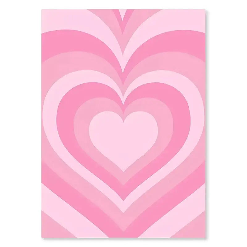 A rectangular pastel wall art poster print featuring abstract danish concentric hearts in varying pink shades and gradient effect