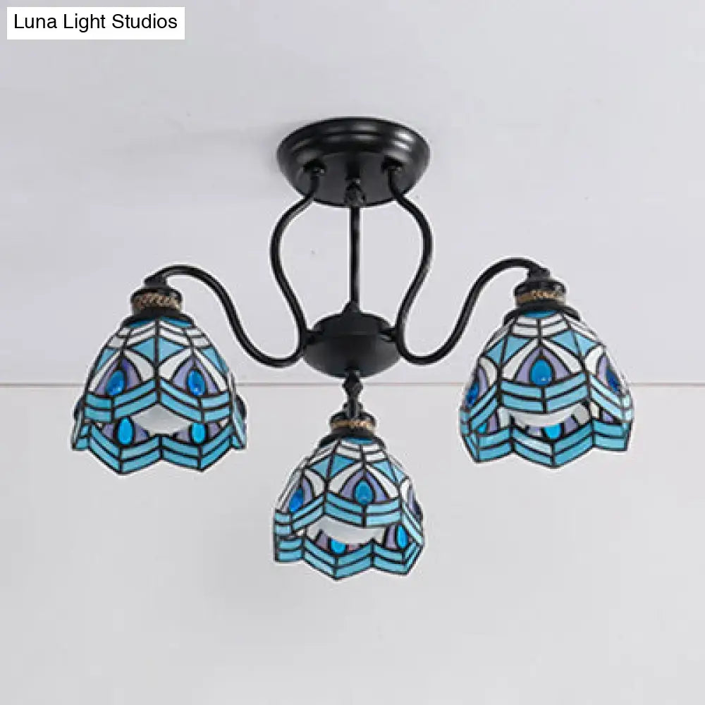 Decorbites peacock stained glass semi flush light with blue and white glass bowl and black metal arms