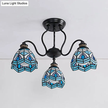 Decorbites peacock stained glass semi flush light with blue and white glass bowl and black metal arms