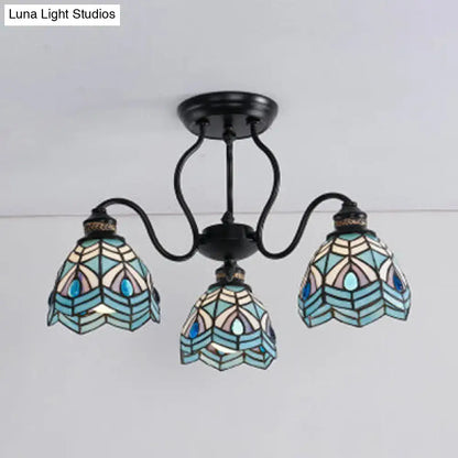 DecorBites™ peacock stained glass semi flush light with three teal and cream shades on black metal frame