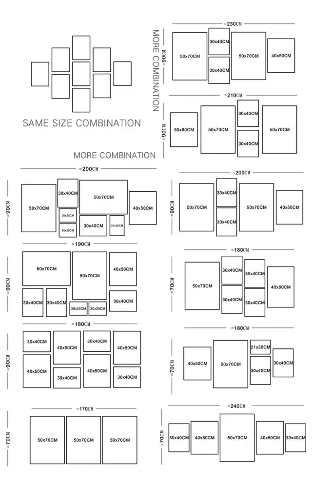 Black-and-white diagram showing various framed wall art print layouts for DecorBites™ personalized custom canvas art print