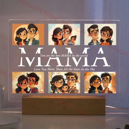 Clear acrylic lamp with six custom photo family portraits and mama text illuminated by wooden base with protective film