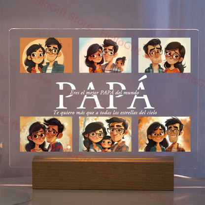 DecorBites personalized acrylic lamp with wooden base displaying custom photo and Spanish text papá with protective film