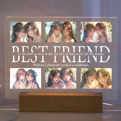 Clear acrylic lamp with custom photo and best friend text on wooden base with protective film for nightlight gift