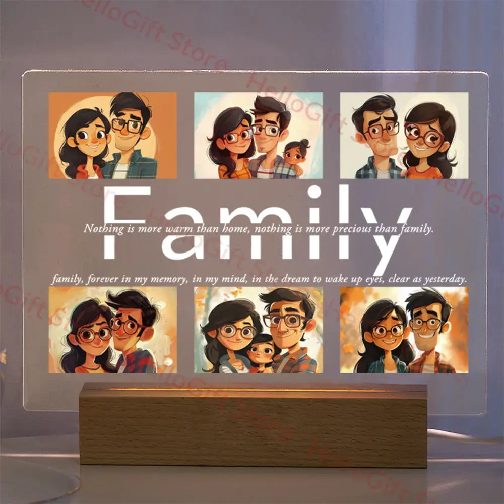 Clear acrylic custom photo family lamp with engraved text and cartoon, mounted on wooden base with protective film
