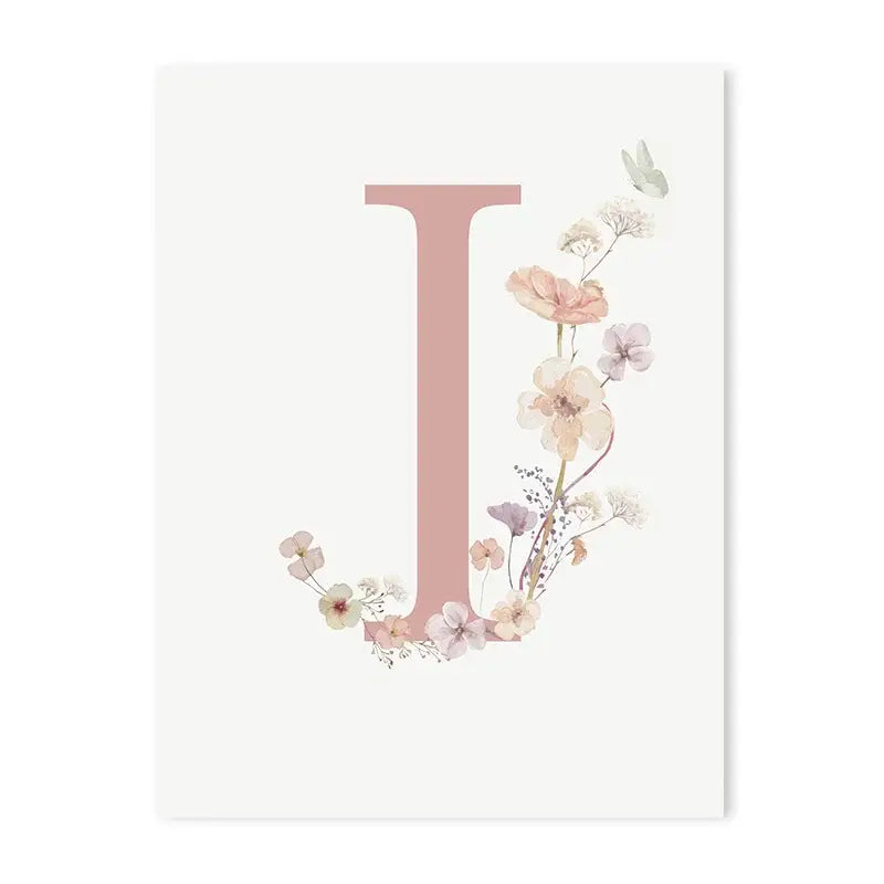 Decorbites personalized pink floral wall art featuring a delicate letter j with pastel blossoms and butterflies