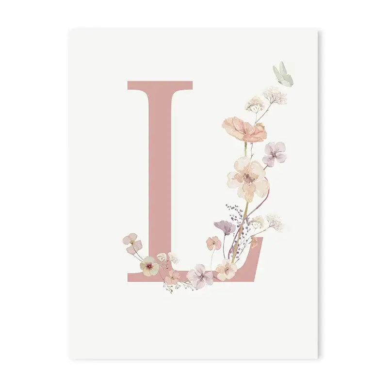 Decorbites™ personalized pink floral wall art featuring a delicate pink letter l with pastel flowers and butterfly on white paper