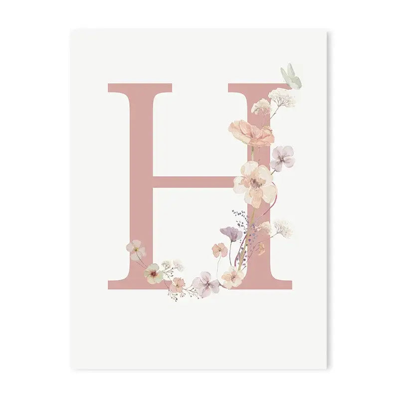 Decorbites personalized pink floral wall art featuring a delicate pink letter h with a blush floral wreath