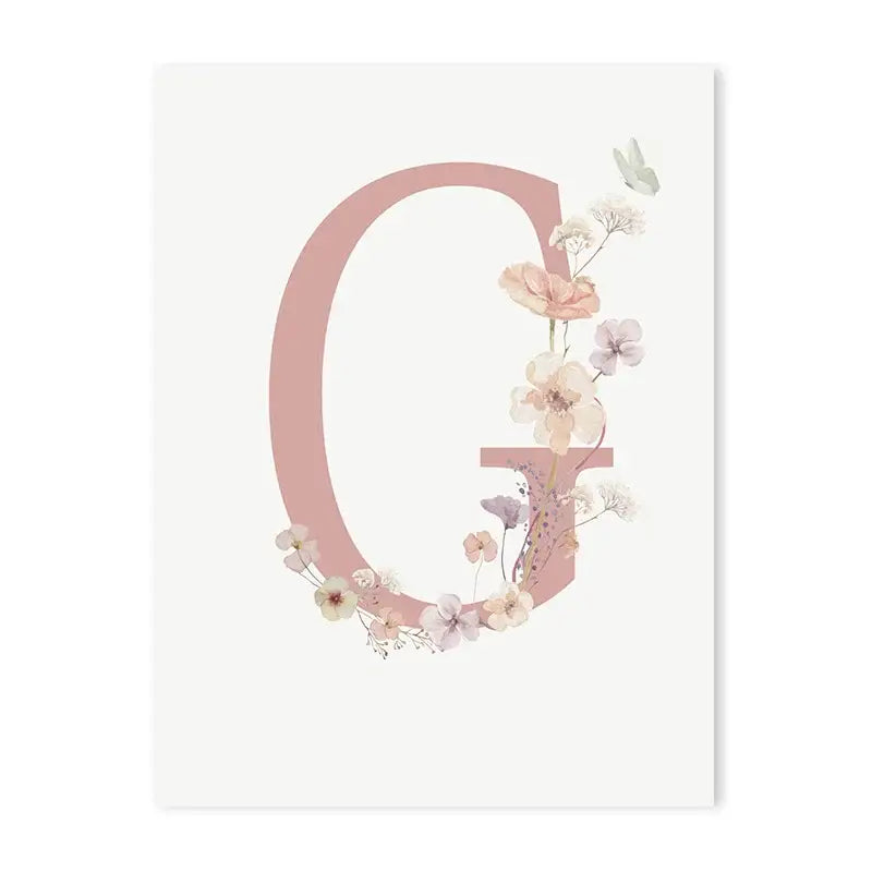 Decorbites™ personalized pink floral wall art featuring a delicate letter c with blush and cream floral wreath accents