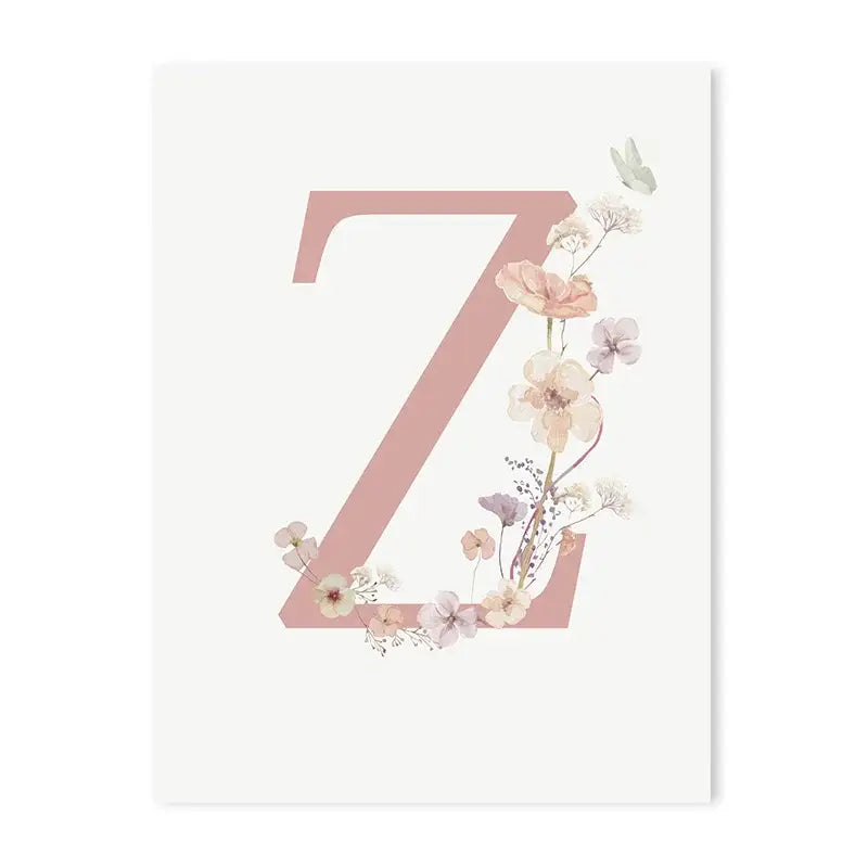 DecorBites™ personalized pink floral wall art featuring a delicate pink letter z with pastel flowers and a butterfly on white paper