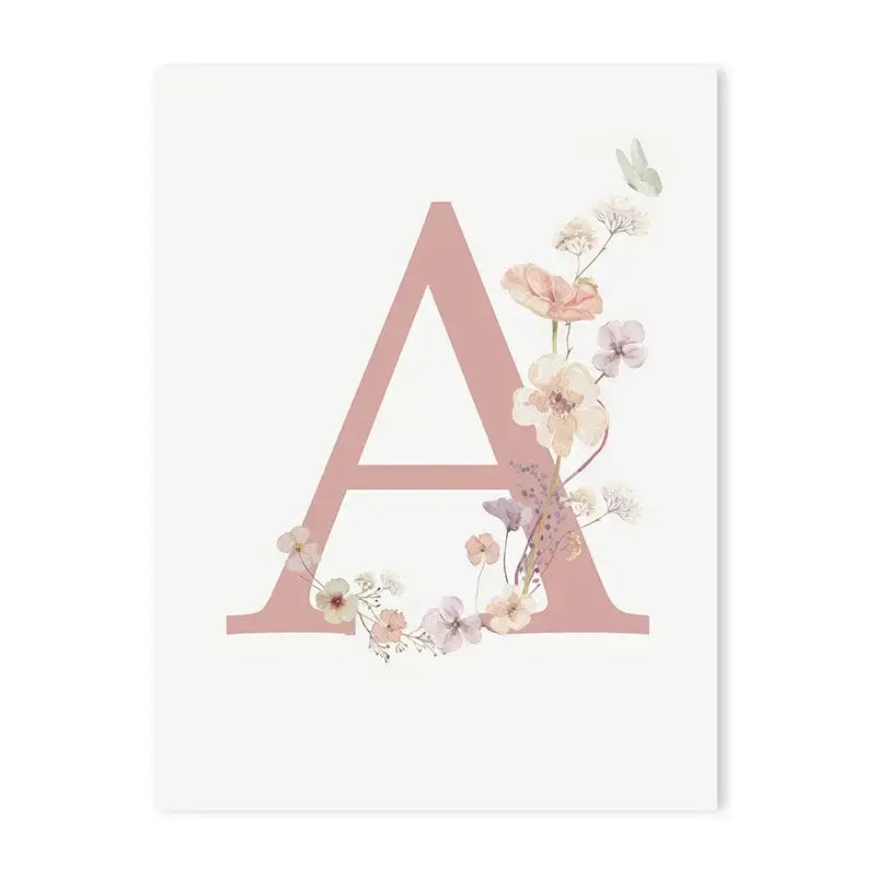 Decorbites™ personalized pink floral wall art featuring a delicate pink letter a with pastel flowers on white canvas