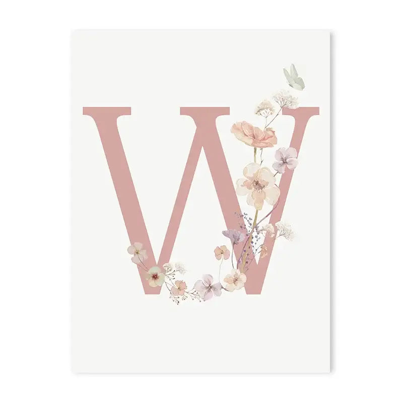 Delicate pink floral wall art featuring a letter w with blush and lavender blossoms for nursery decorbites canvas