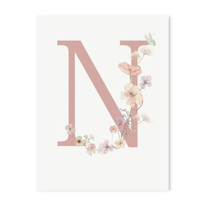 DecorBites personalized pink floral nursery wall art featuring a delicate pink letter n with pastel blossoms and butterflies