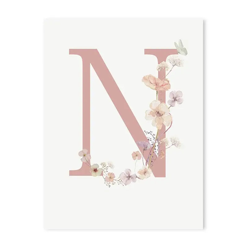 DecorBites personalized pink floral nursery wall art featuring a delicate pink letter n with pastel blossoms and butterflies