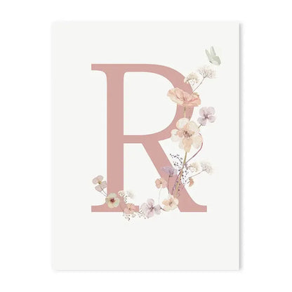 Decorbites™ personalized pink floral wall art featuring a delicate letter r with pastel flowers on white canvas