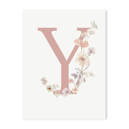 Delicate pink floral letter y wall art with pastel flowers and butterfly on white paper for nursery decorbites pink floral canvas