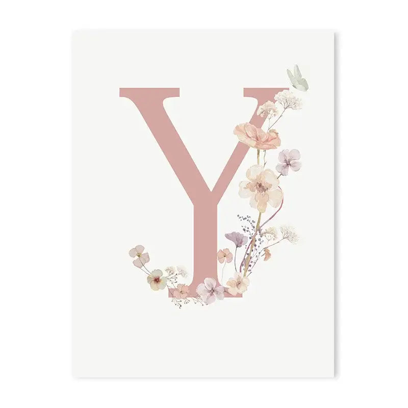 Delicate pink floral letter y wall art with pastel flowers and butterfly on white paper for nursery decorbites pink floral canvas