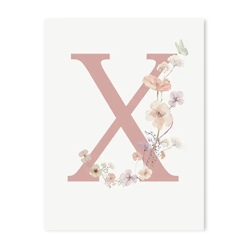 Delicate pink floral canvas wall art featuring letter x with pastel flowers and a butterfly on white paper by decorbites
