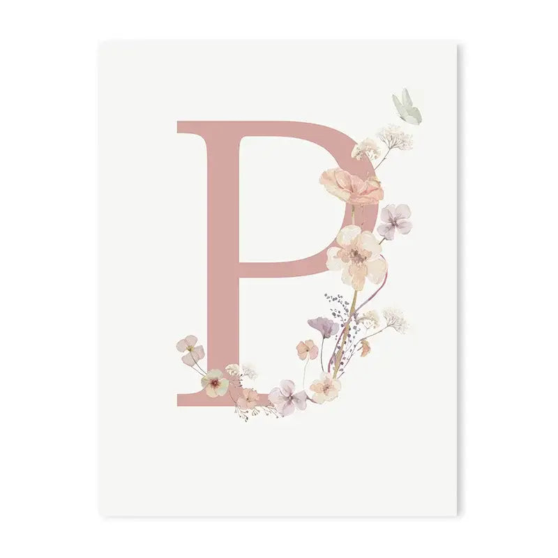 Decorbites™ personalized pink floral wall art featuring a delicate pink letter p with pastel flowers on white canvas