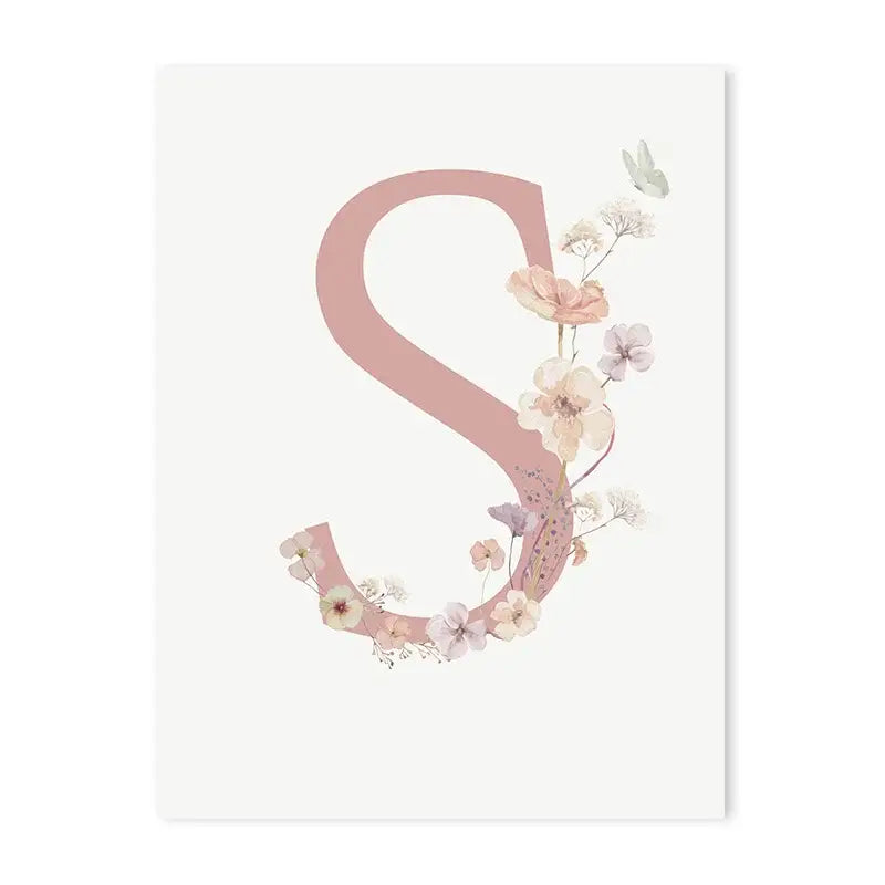Delicate pink floral canvas featuring a letter s with pastel flowers and a butterfly for nursery wall art decor