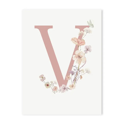 Delicate pink floral canvas wall art featuring a personalized letter v with pastel blossoms and butterflies for nursery decor