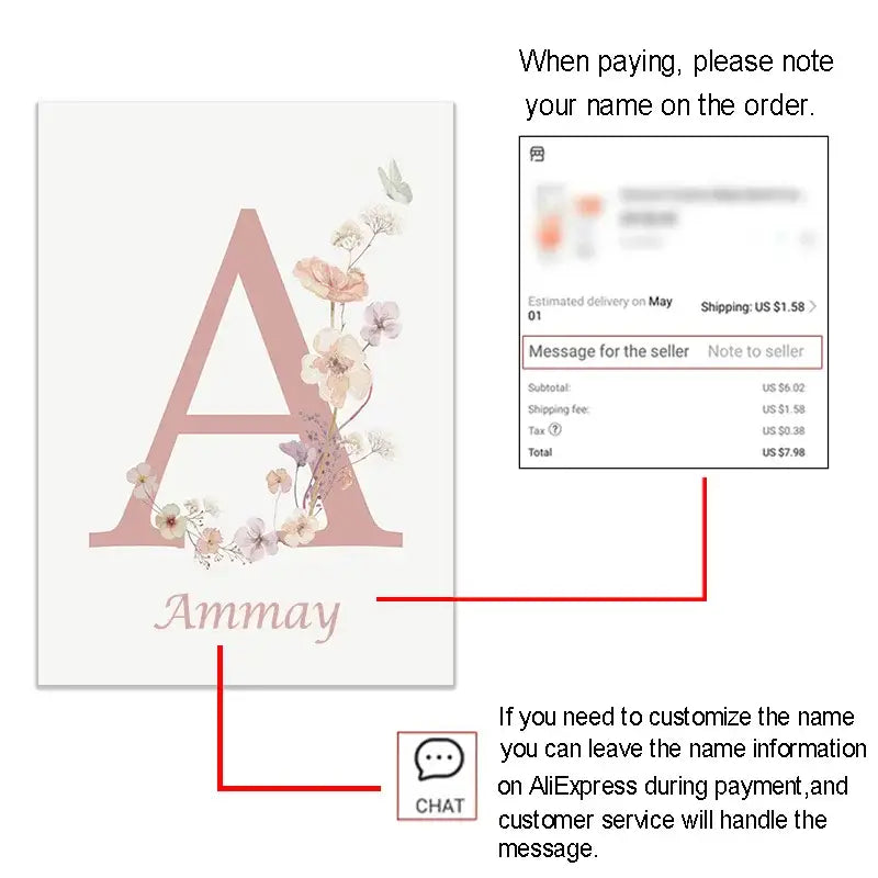 Decorbites™ personalized pink floral nursery wall art featuring a delicate pink floral canvas letter a on white background