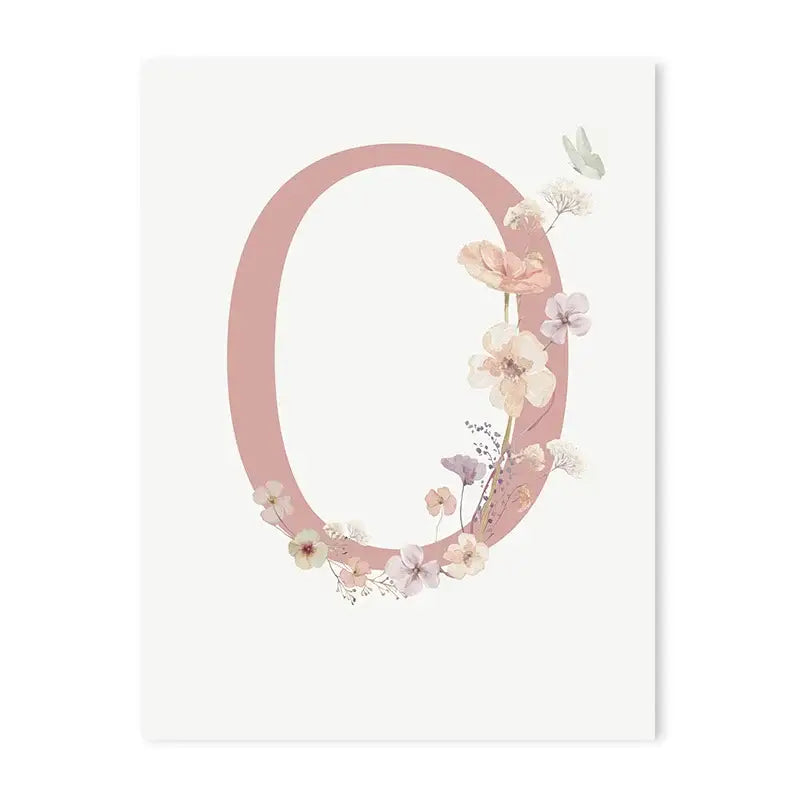 DecorBites™ personalized pink floral canvas wall art featuring a delicate letter o with pastel blossoms and butterflies