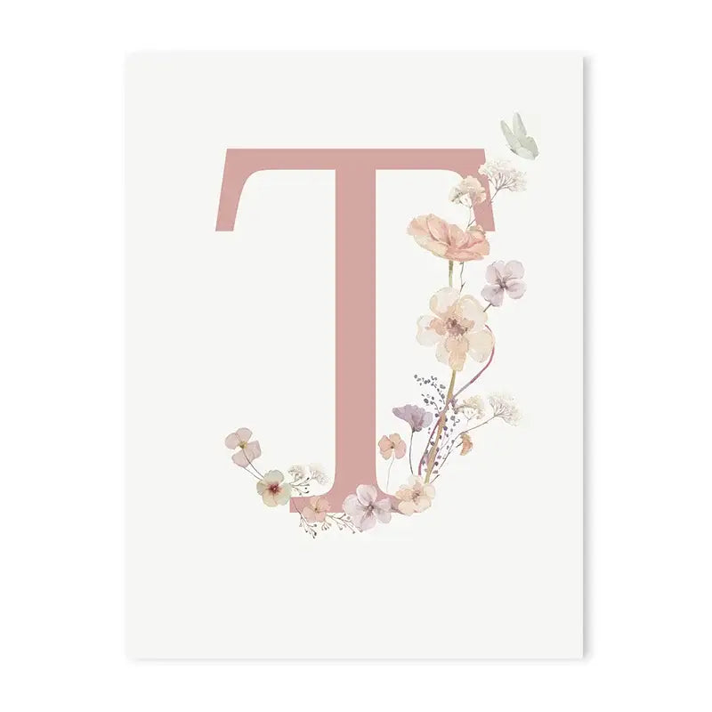 Decorbites™ personalized pink floral wall art featuring a delicate pink letter t with pastel blossoms and butterflies
