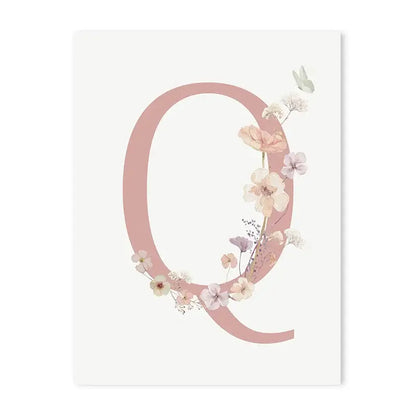 A delicate pink floral wall art featuring a letter Q with pastel blossoms and butterflies for nursery decor