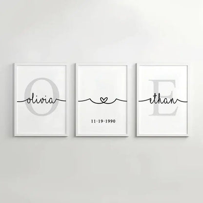 DecorBites™ personalized set of 3 minimalist wall art with black cursive script and gray monogram on white canvas paintings
