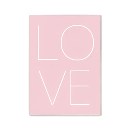 A minimalist pink aesthetic wall art poster by DecorBites featuring modern white outline love lettering for girls bedroom