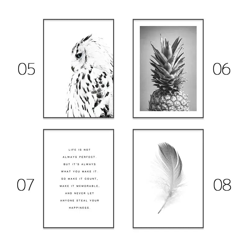 DecorBites™ pink aesthetic modern wall art prints featuring black and white framed owl pineapple feather and text designs
