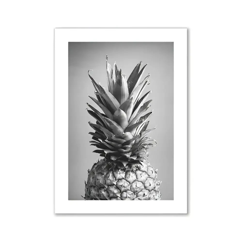 Black and white framed wall art print of pineapple with textured crown for decorbites™ pink aesthetic room decor