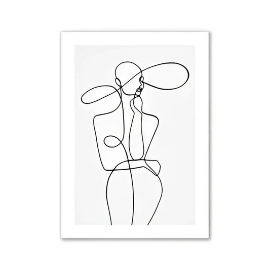 Black line art print of stylized figure with oversized hat framed in white for pink aesthetic room decor