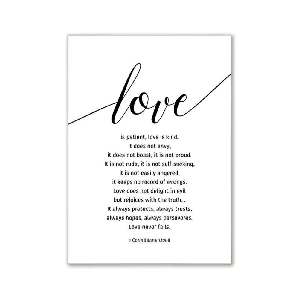 Decorbites™ pink aesthetic wall art featuring black calligraphy love and 1 corinthians verse on white background