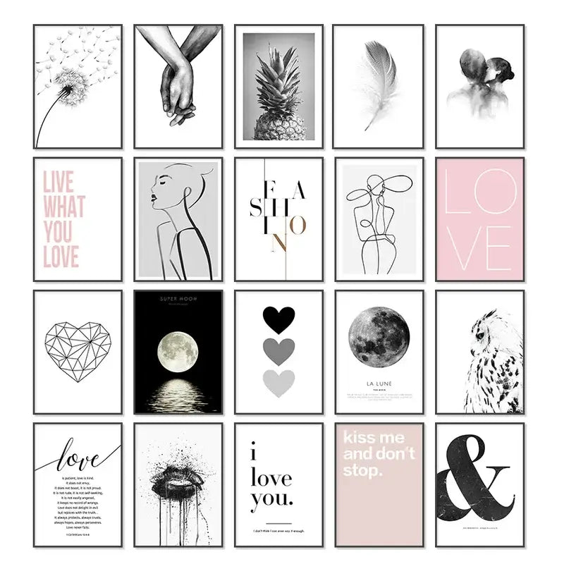A collection of decorbites™ pink aesthetic wall art featuring minimalist black white and pastel framed prints for bedroom