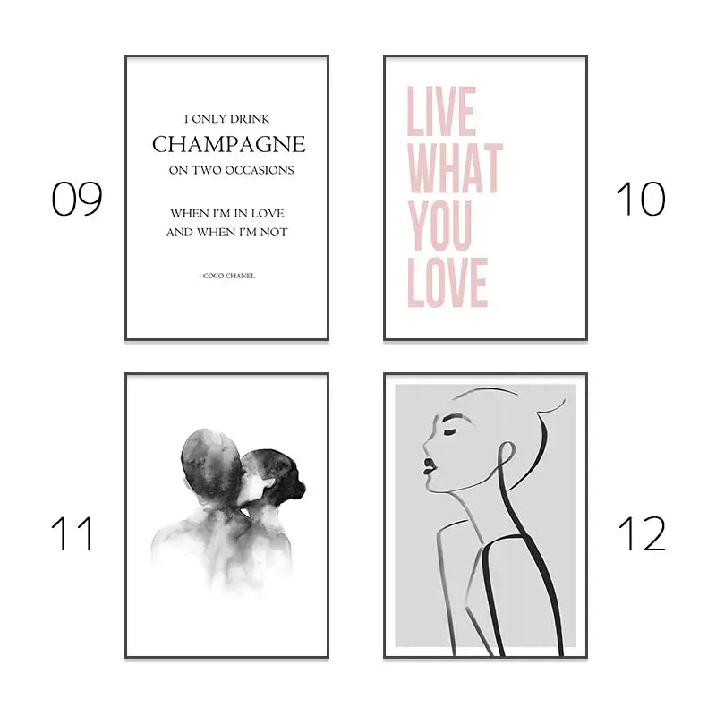 Minimalist black-framed wall art with elegant typography and monochrome illustrations for decorbites pink aesthetic wall