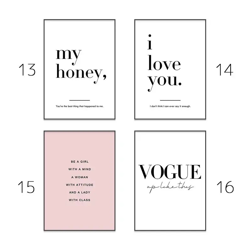 Set of four minimalist framed wall art prints with black text on white and blush pink backgrounds for pink aesthetic wall decor