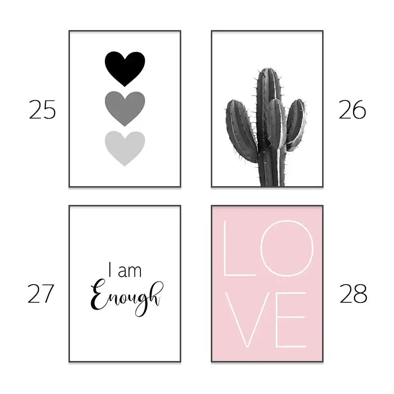 Set of four minimalist framed wall art prints with black and white hearts cactus and pink aesthetic wall decor for bedroom