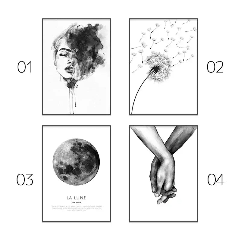 Set of four minimalist black and white framed wall art prints for bedroom featuring pink aesthetic wall design elements