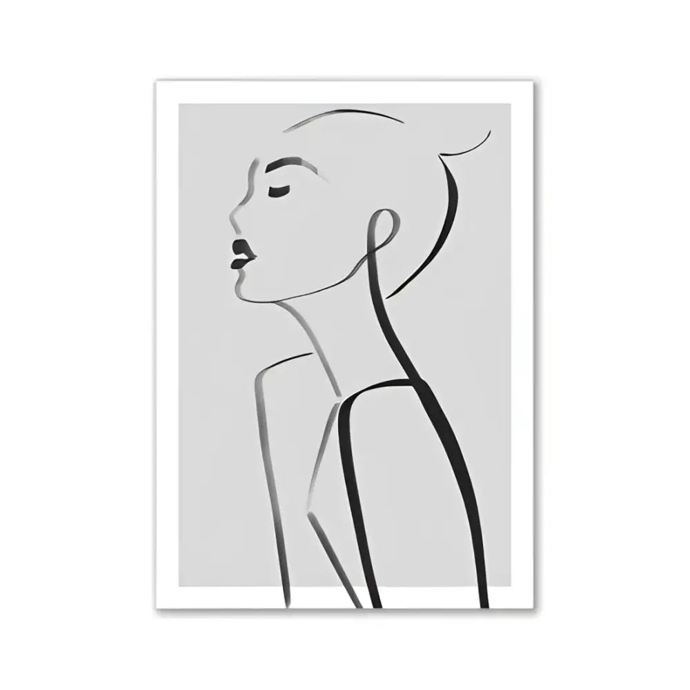 Minimalist black line drawing of a woman profile on light gray background framed in white for pink aesthetic wall art decor