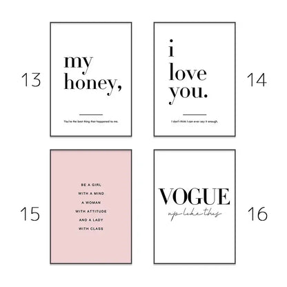 Set of four DecorBites™ pink aesthetic wall art prints with minimalist black text on white and blush pink backgrounds