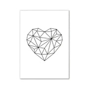 A minimalist black geometric heart printed on white canvas wall art for pink aesthetic wall decor in girls bedroom