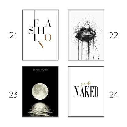 Minimalist black and white framed art prints featuring typography and abstract designs for pink aesthetic wall art use